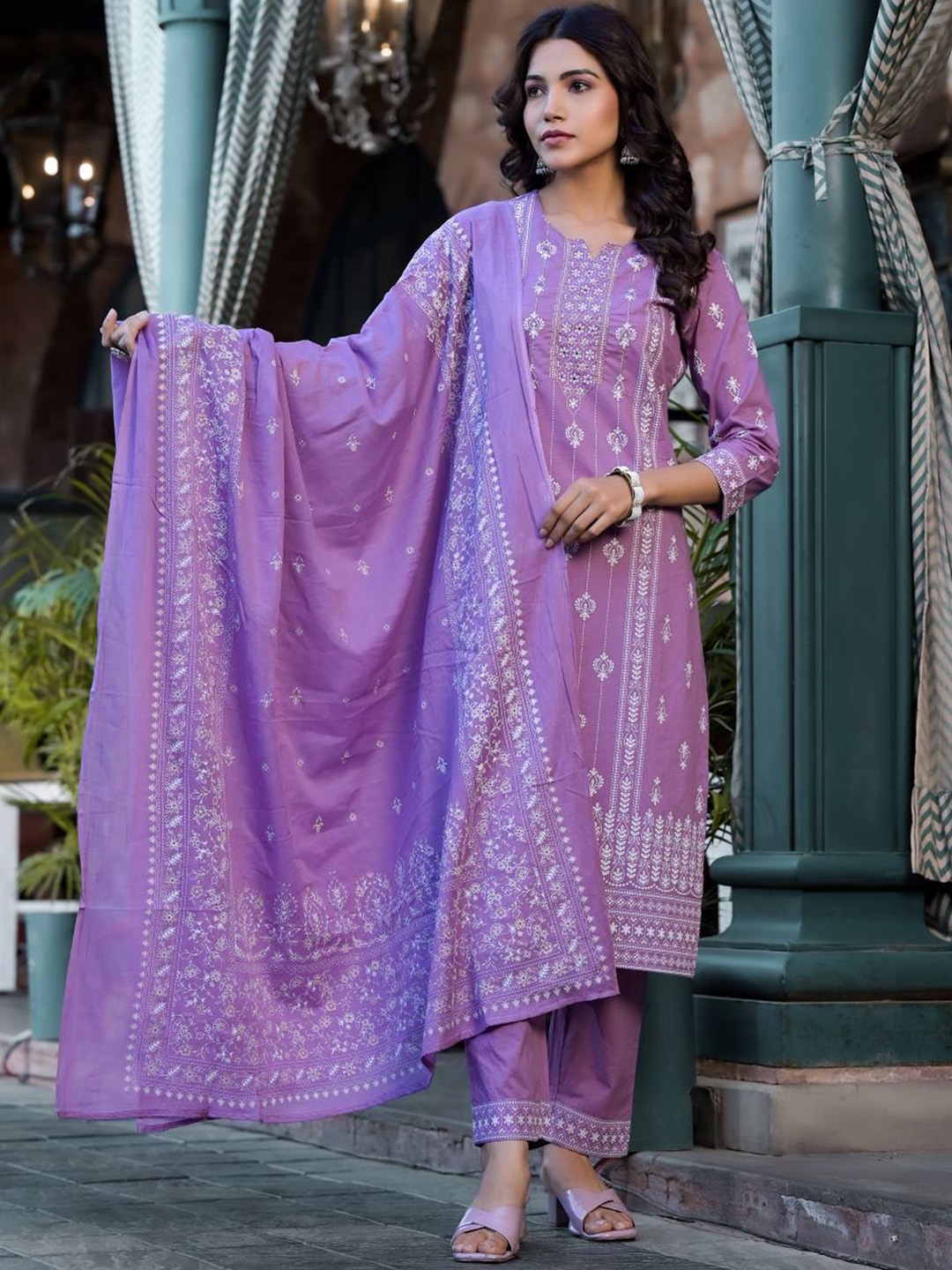 

Varanga Ethnic Motifs Printed Mirror Work Pure Cotton Kurta With Trouser & Dupatta, Lavender