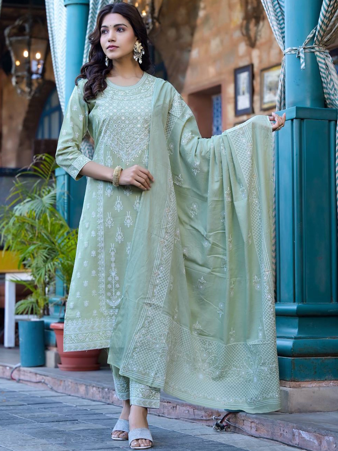 

Varanga Floral Printed Mirror Work Pure Cotton Kurta With Trouser & Dupatta, Green