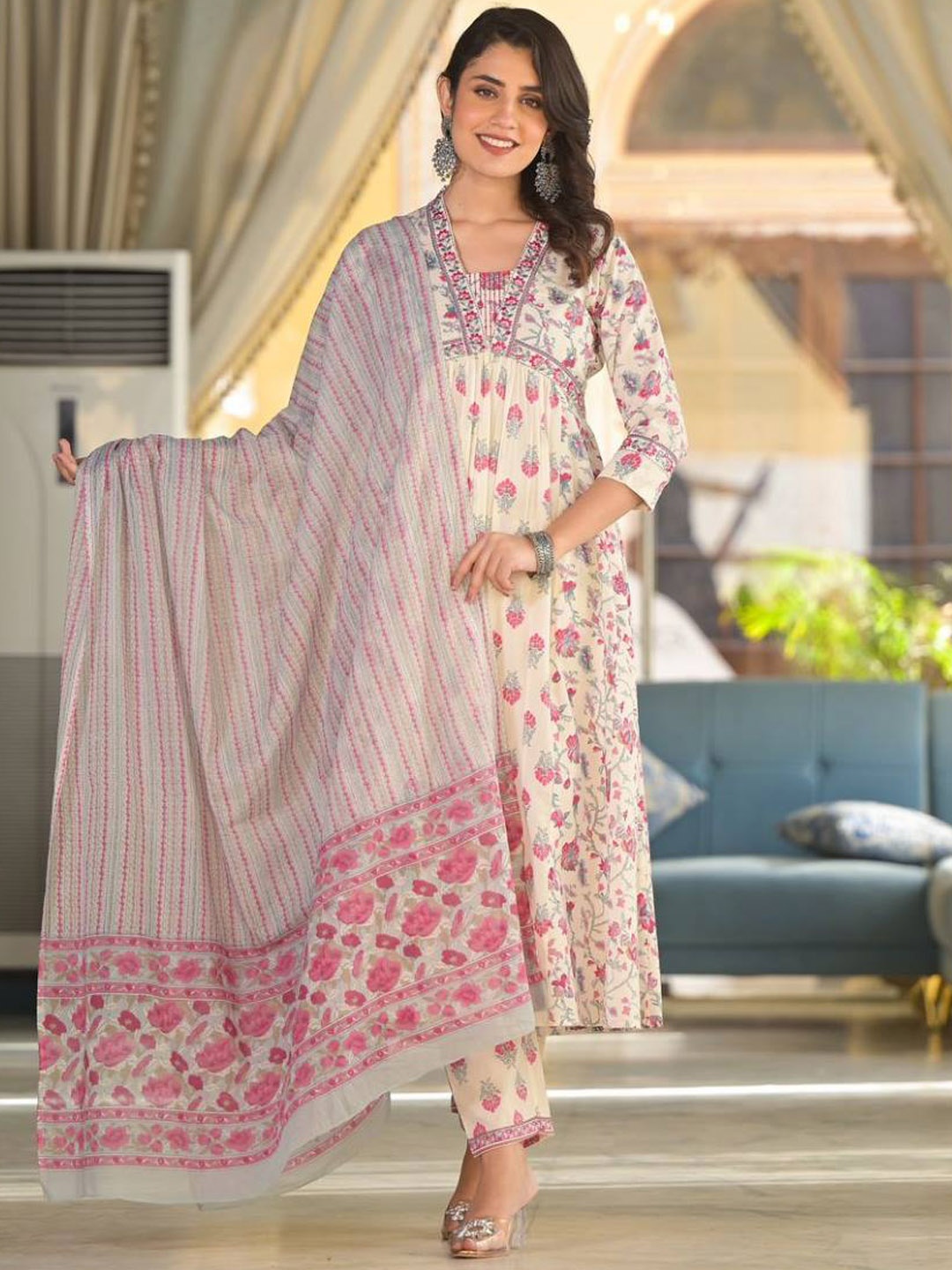 

Varanga Floral Printed Empire Thread Work Pure Cotton Kurta with Trouser & Dupatta, Off white