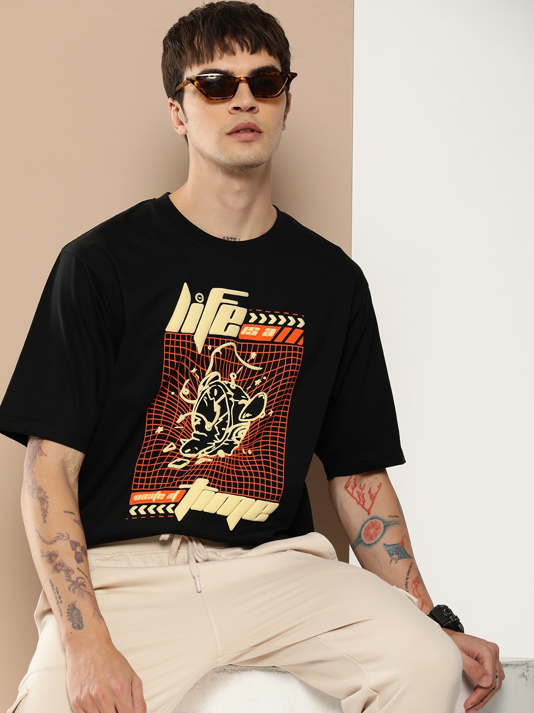 

Difference of Opinion Men Graphic Printed Embossed Oversized T-shirt, Black