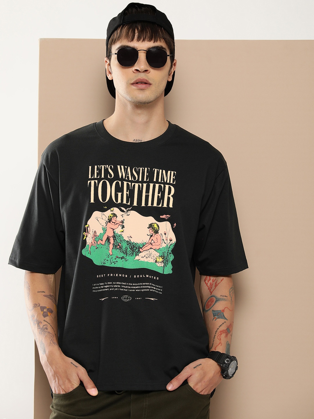 

Difference of Opinion Men Graphic Printed Embossed Oversized T-shirt, Black