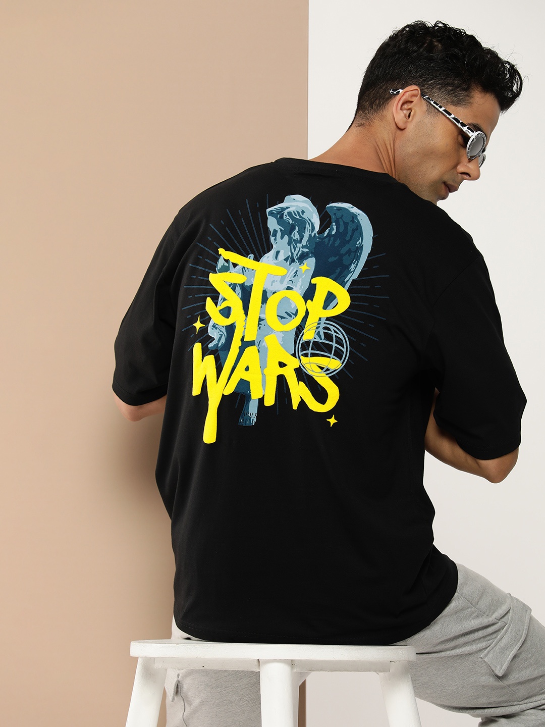 

Difference of Opinion Men Graphic Printed Embossed Oversized T-shirt, Black