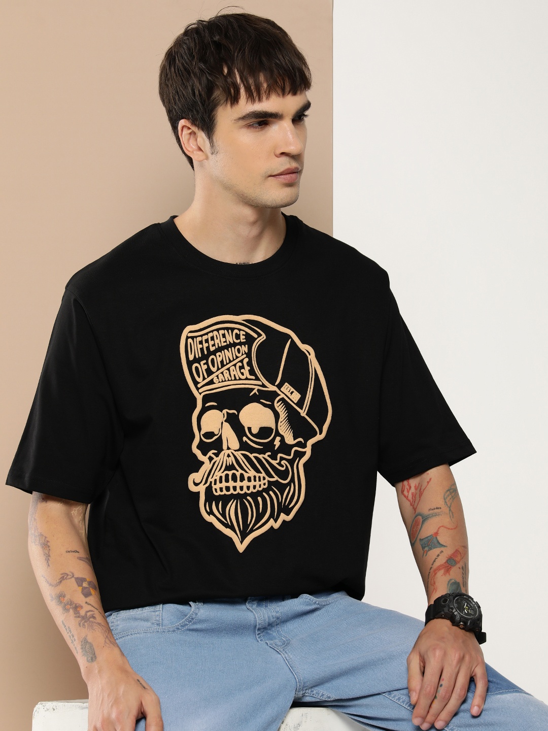 

Difference of Opinion Men Graphic Printed Embossed Oversized T-shirt, Black