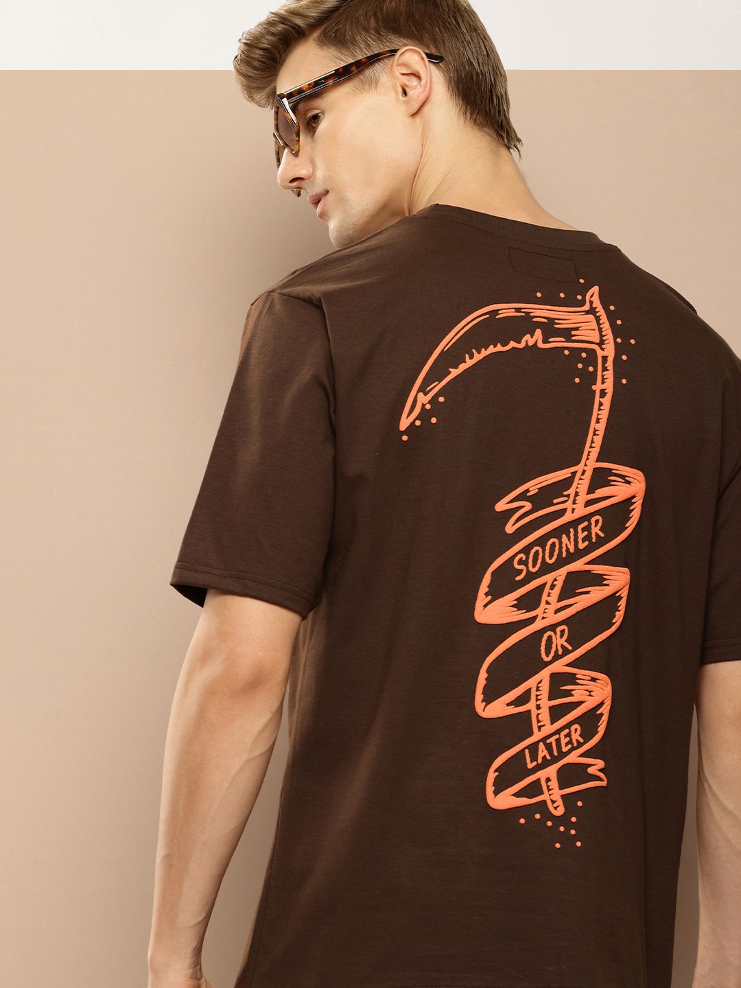 

Difference of Opinion Men Graphic Printed Embossed Oversized T-shirt, Brown