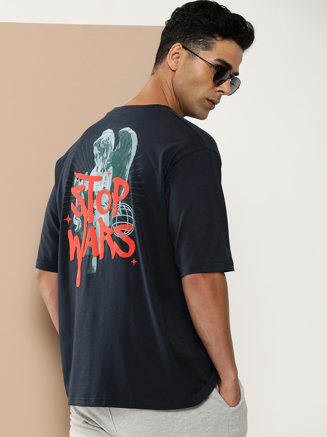 

Difference of Opinion Men Graphic Printed Embossed Oversized T-shirt, Navy blue