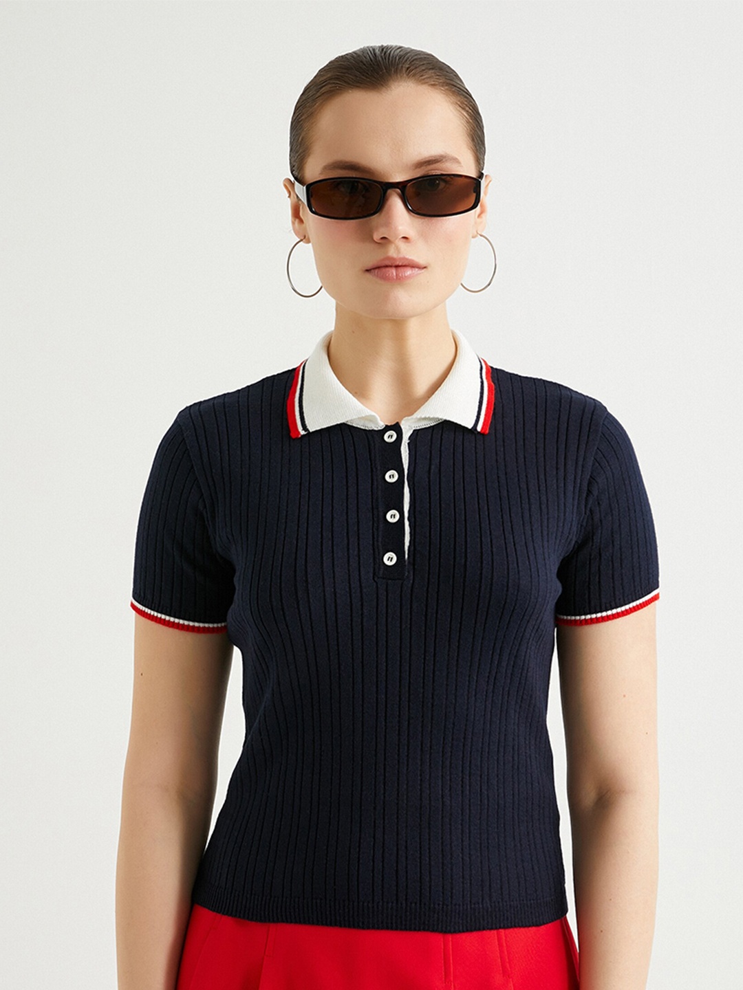 

Koton Striped Polo Collar Cotton Acrylic T-shirt, Navy blue