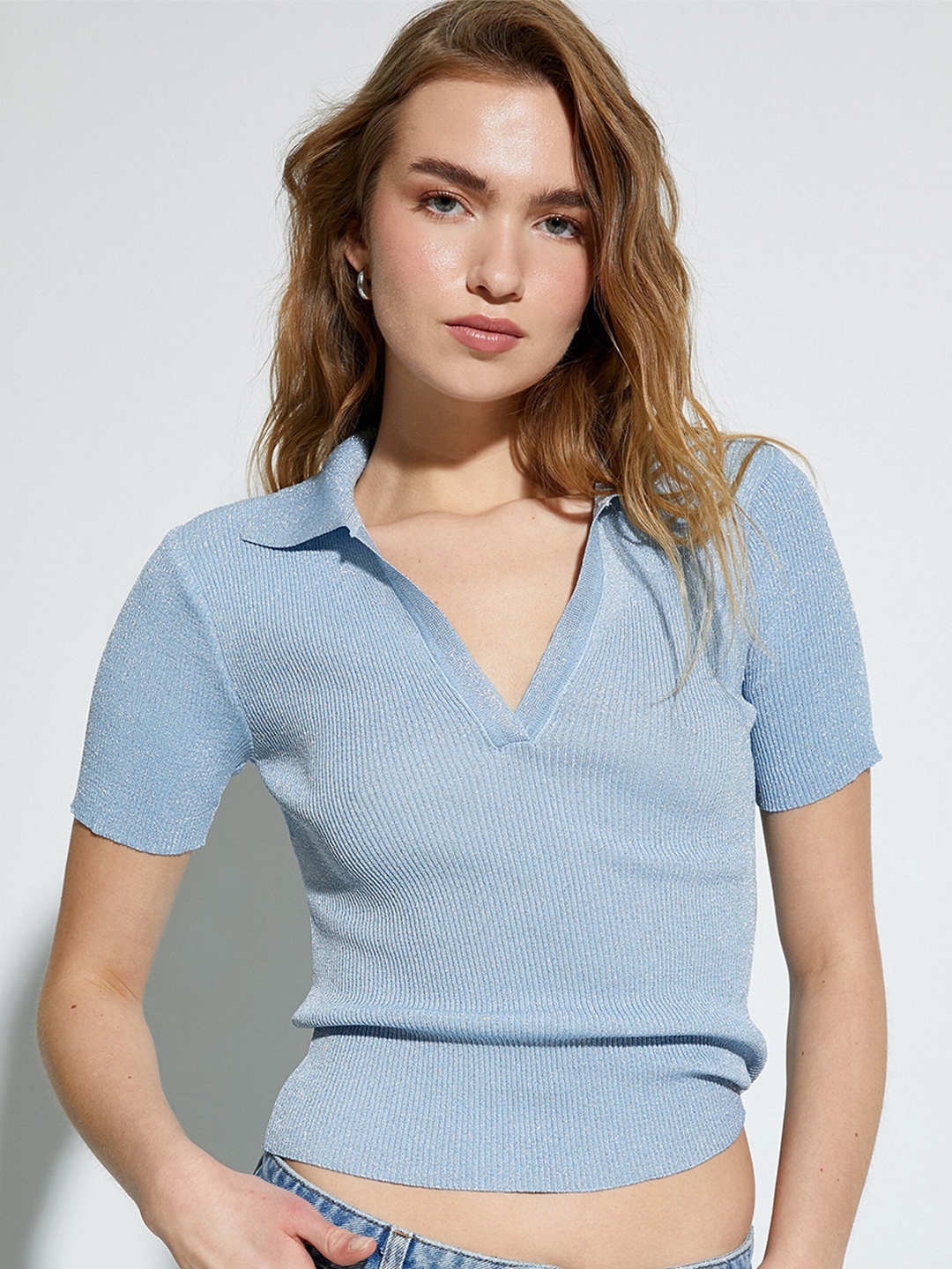 

Koton Vertical Striped Polo Collar Fitted Crop Top, Blue