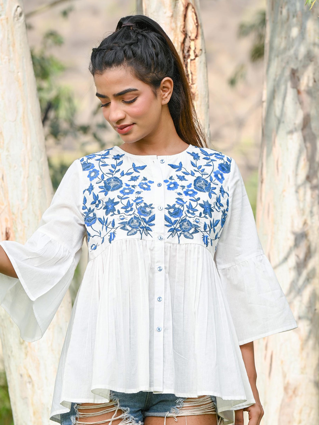 

Nyaro Floral Print Bell Sleeve Cotton Top, Off white