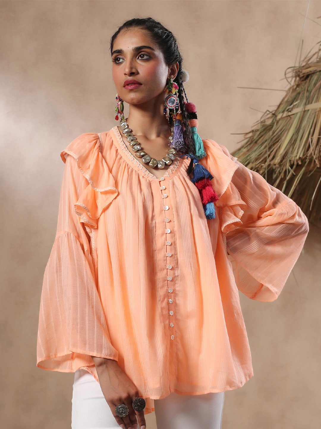 

Nyaro V-Neck Bell Sleeve Cotton Top, Orange