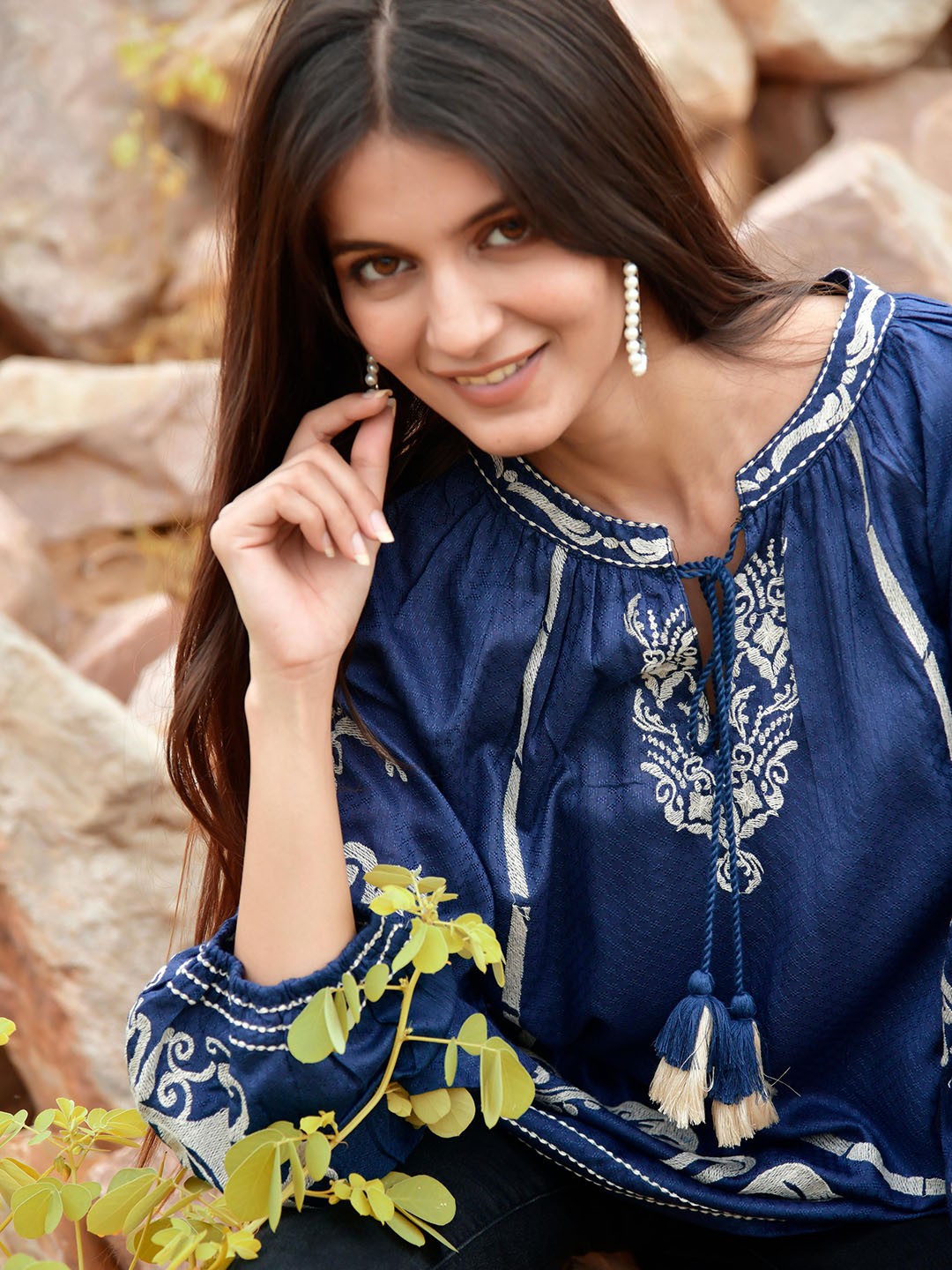 

Nyaro Tie-Up Neck Cotton Top, Navy blue