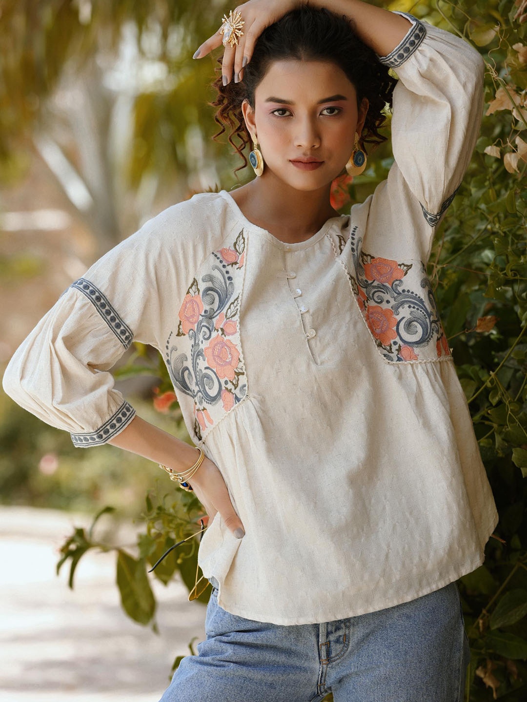 

Nyaro Floral Print Flared Sleeve Cotton Top, Off white