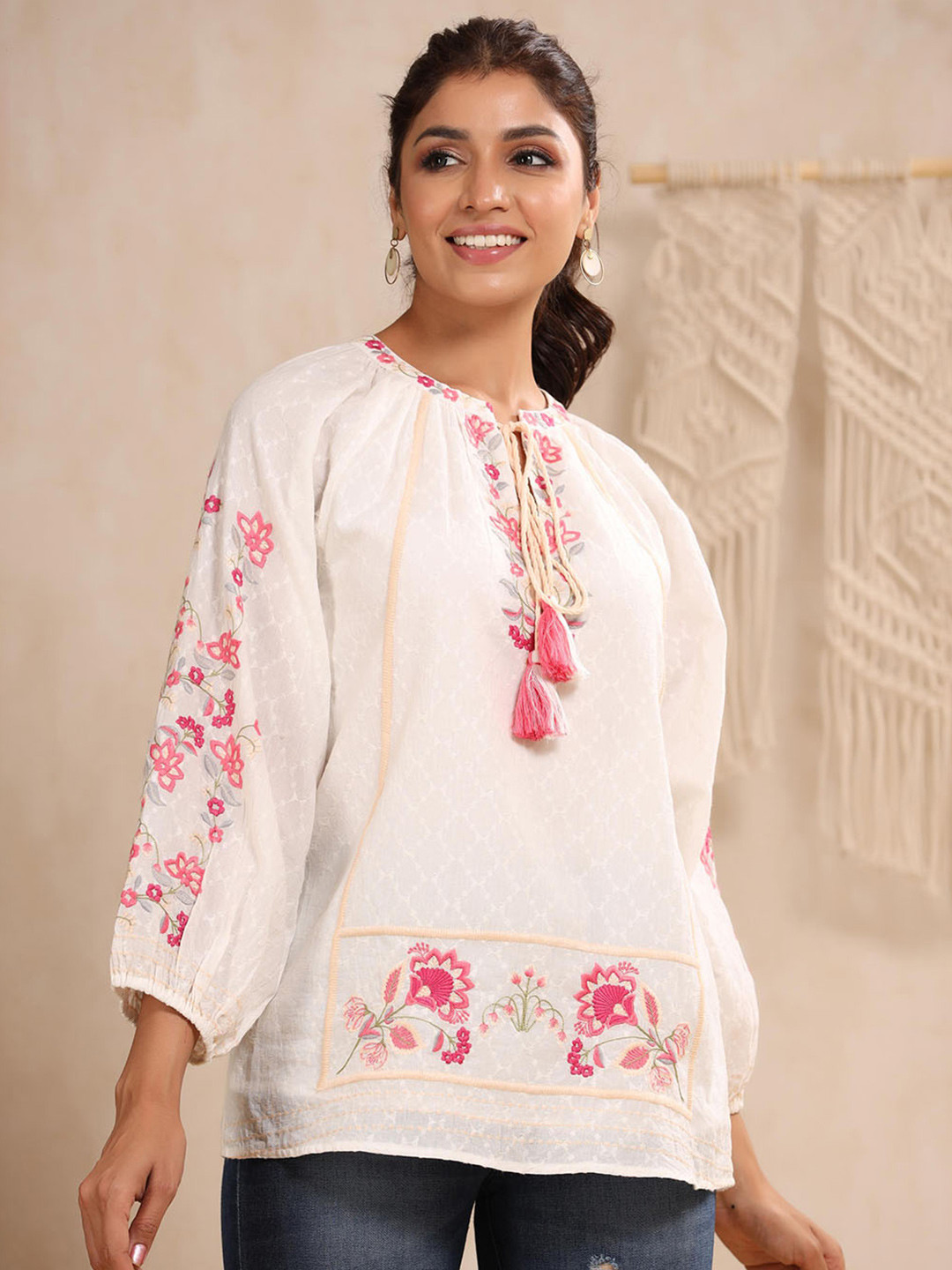 

Nyaro Floral Embellished Tie-Up Neck Cotton Top, Off white