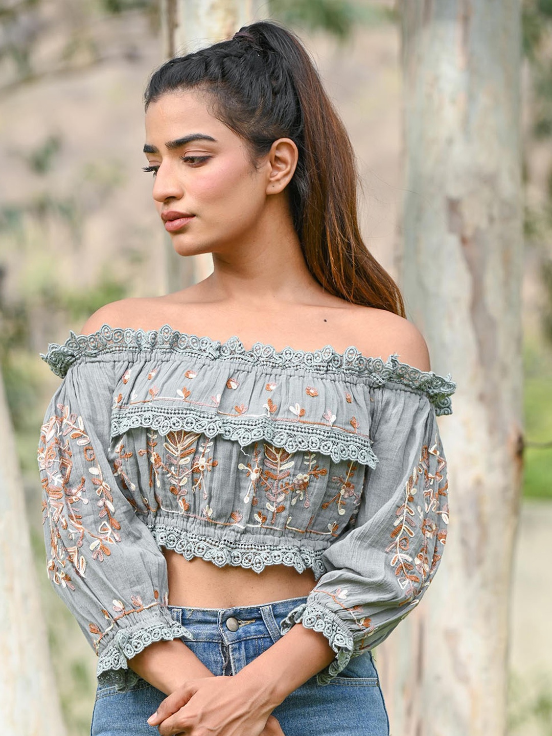 

Nyaro Floral Print One Shoulder Cotton Top, Grey