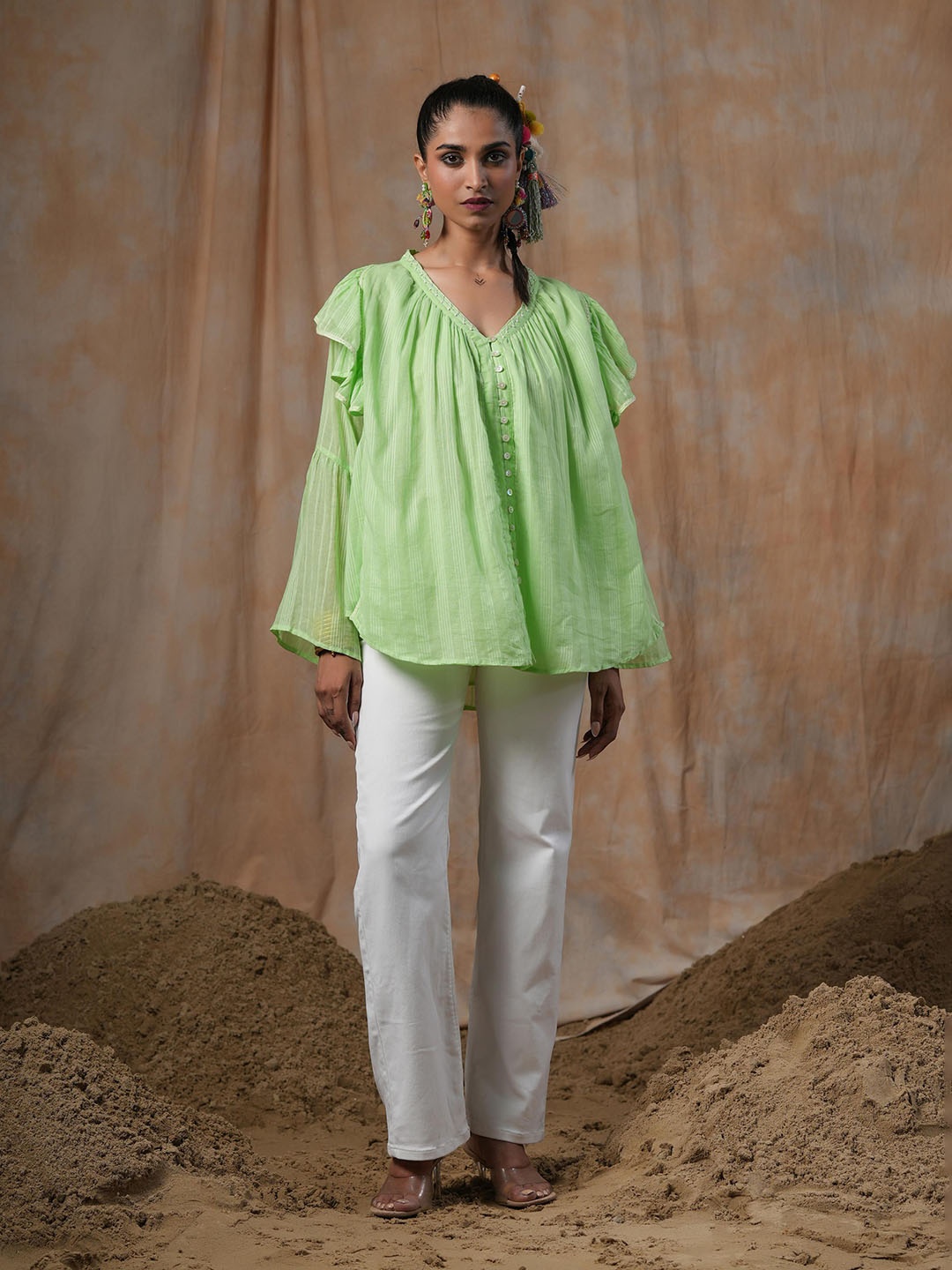 

Nyaro Striped Flutter Sleeve Cotton Top, Green