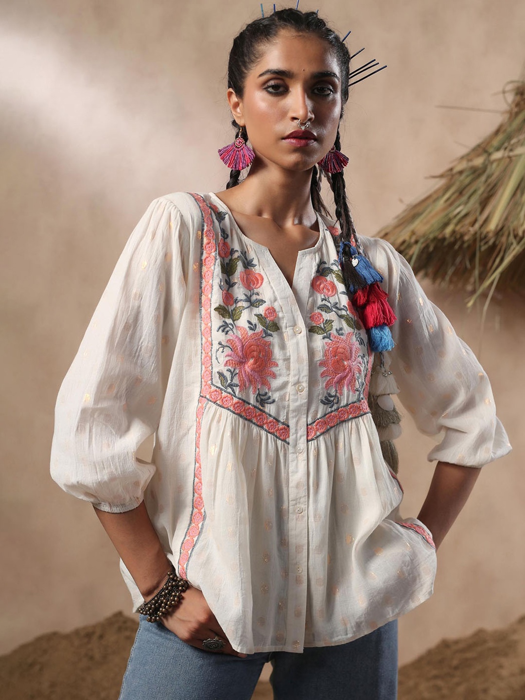 

Nyaro Floral Print Round Neck Cotton Top, Off white