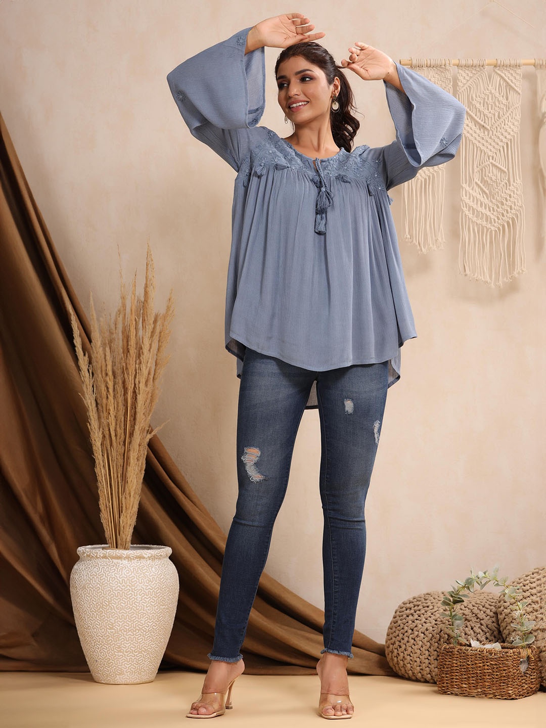 

Nyaro Tie-Up Neck Top, Blue