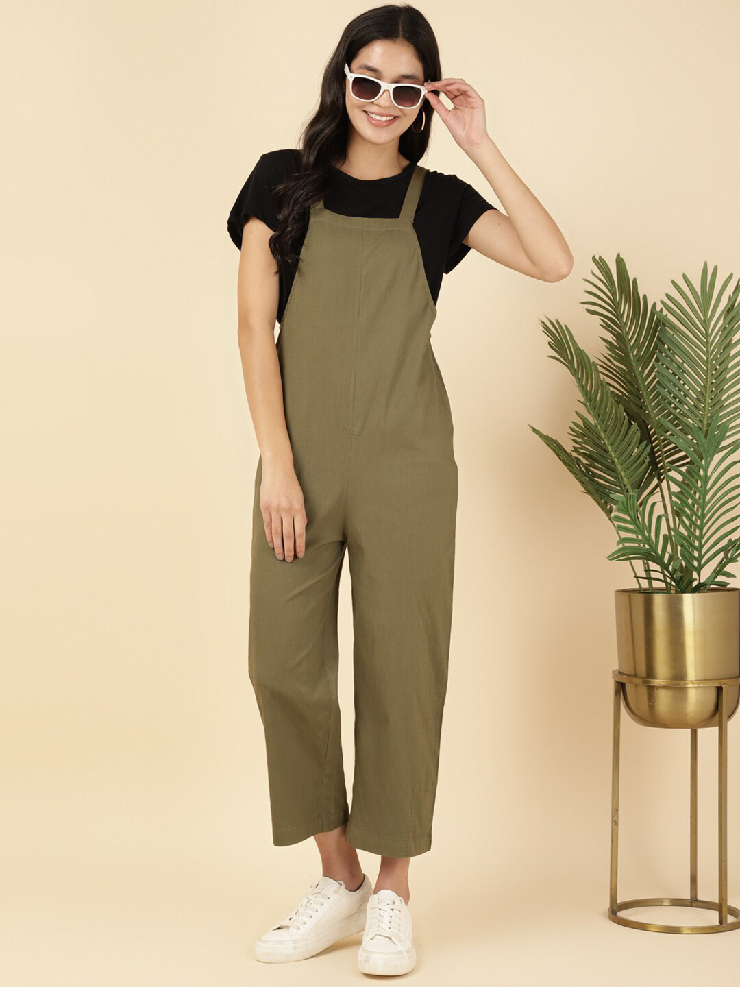 

DEEBACO Straight Leg Shoulder Straps Sleeveless Ankle Length Dungaree, Khaki