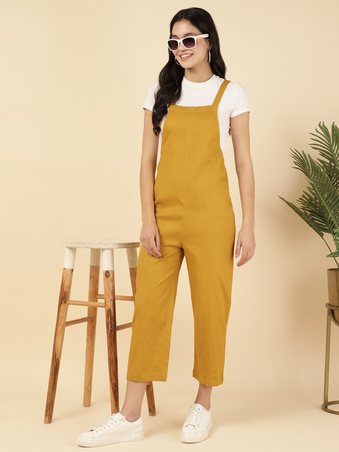 

DEEBACO Straight Leg Shoulder Straps Sleeveless Ankle Length Dungaree, Yellow