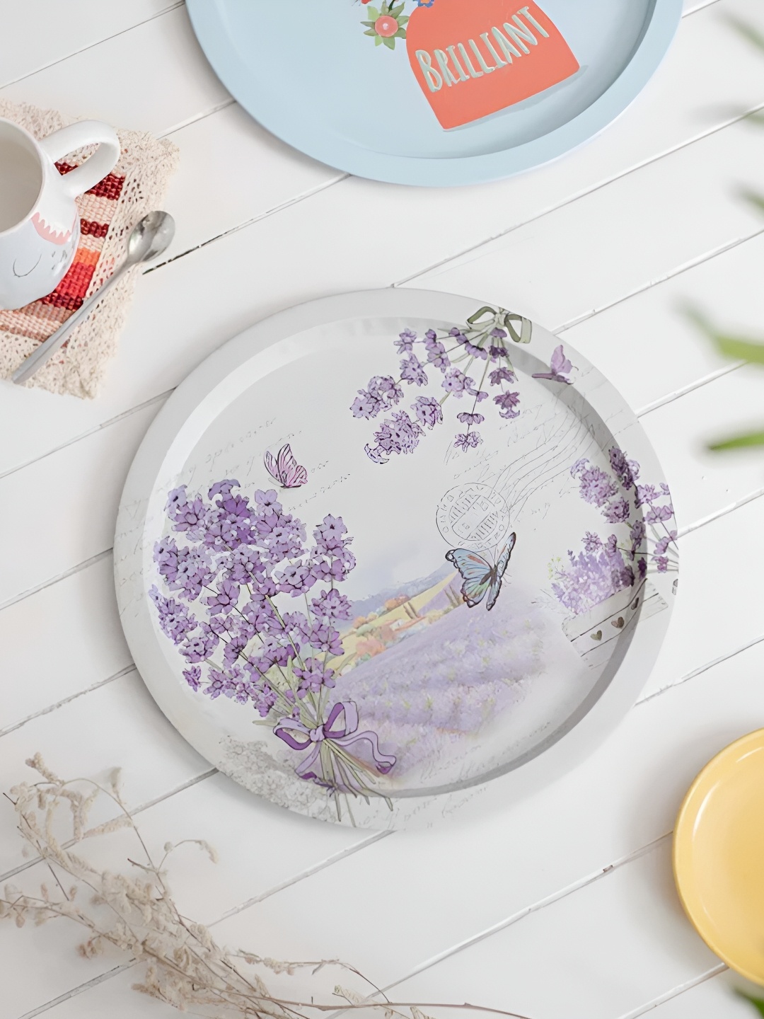 

THEDECORKART White & Lavender 2Pcs Printed Round Serving Trays