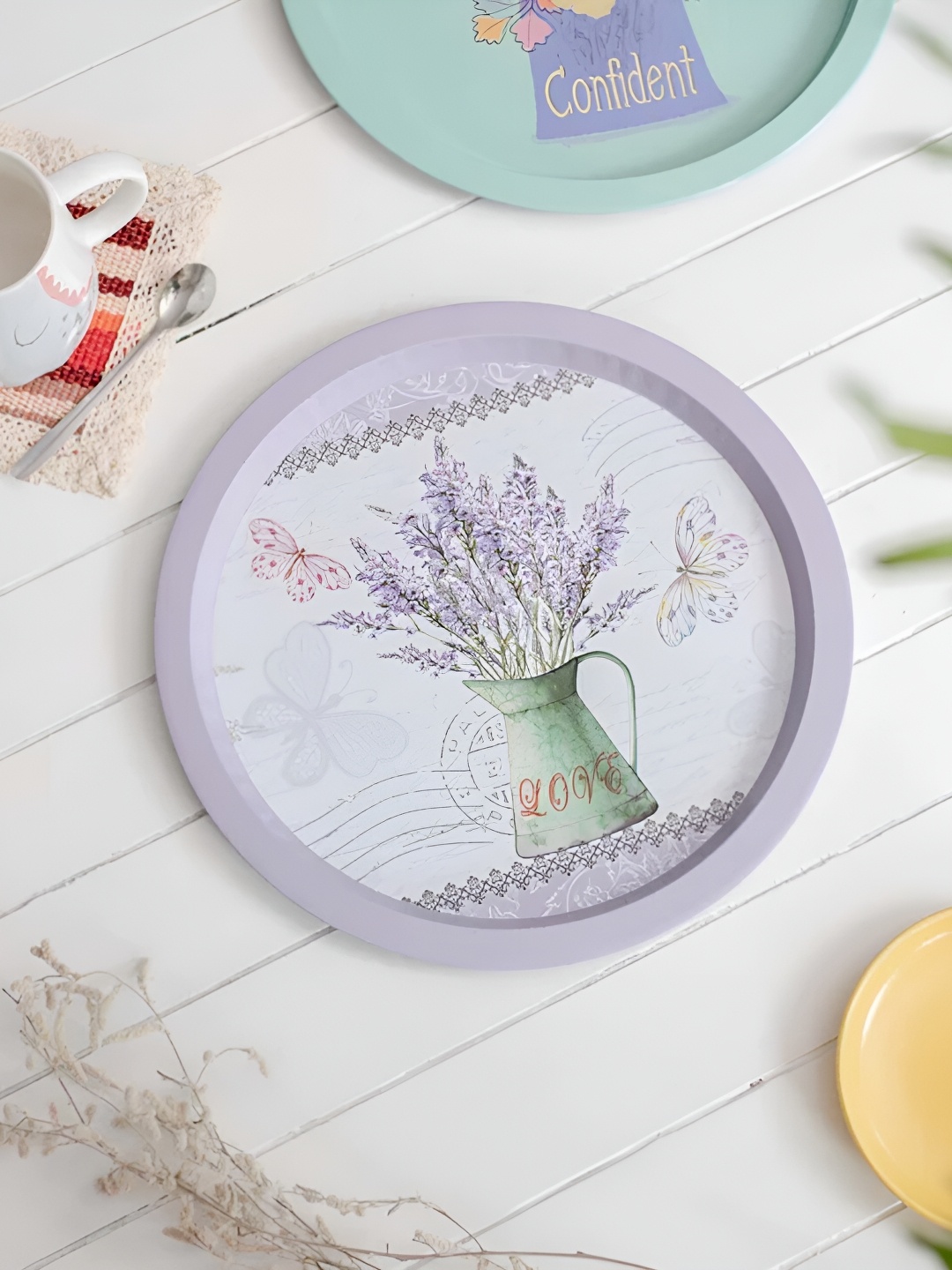 

THEDECORKART 2 Pcs Printed Round Serving Trays, Purple