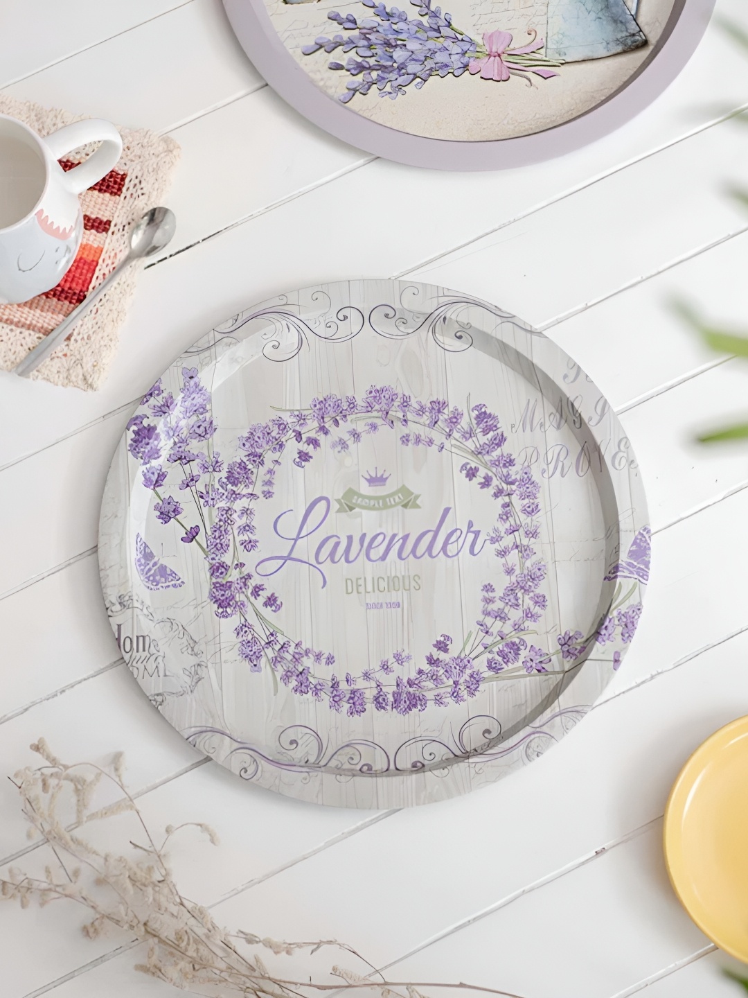 

THEDECORKART White & Lavender 2 Pcs Printed Round Serving Trays