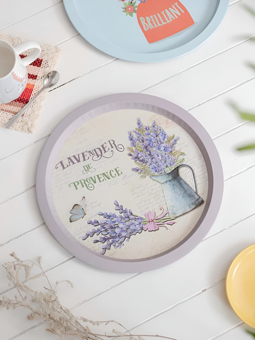 

THEDECORKART 2 Pcs Printed Round Serving Trays, Purple