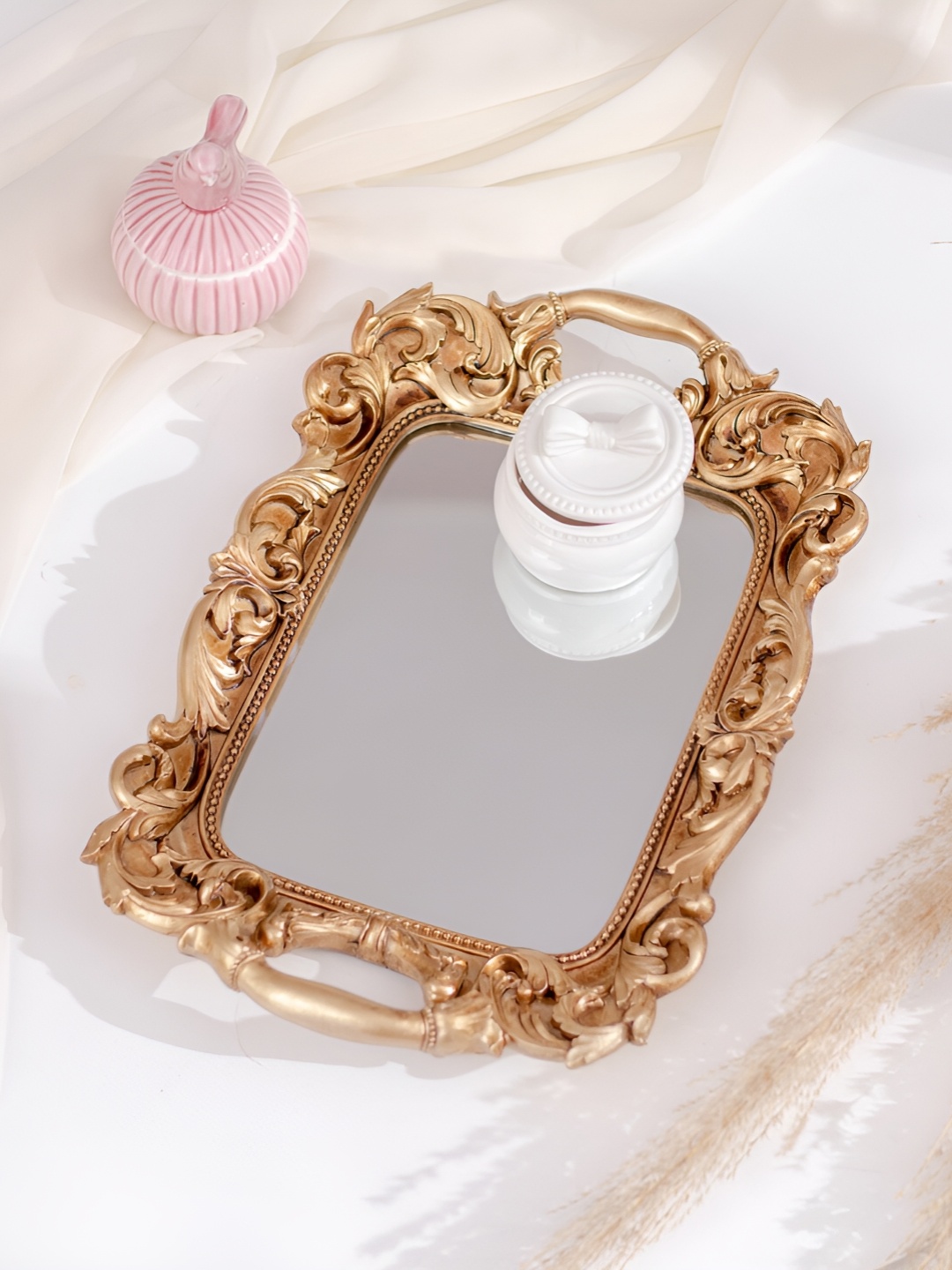 

THEDECORKART Gold Toned Bridgette Vanity Tray With Handle