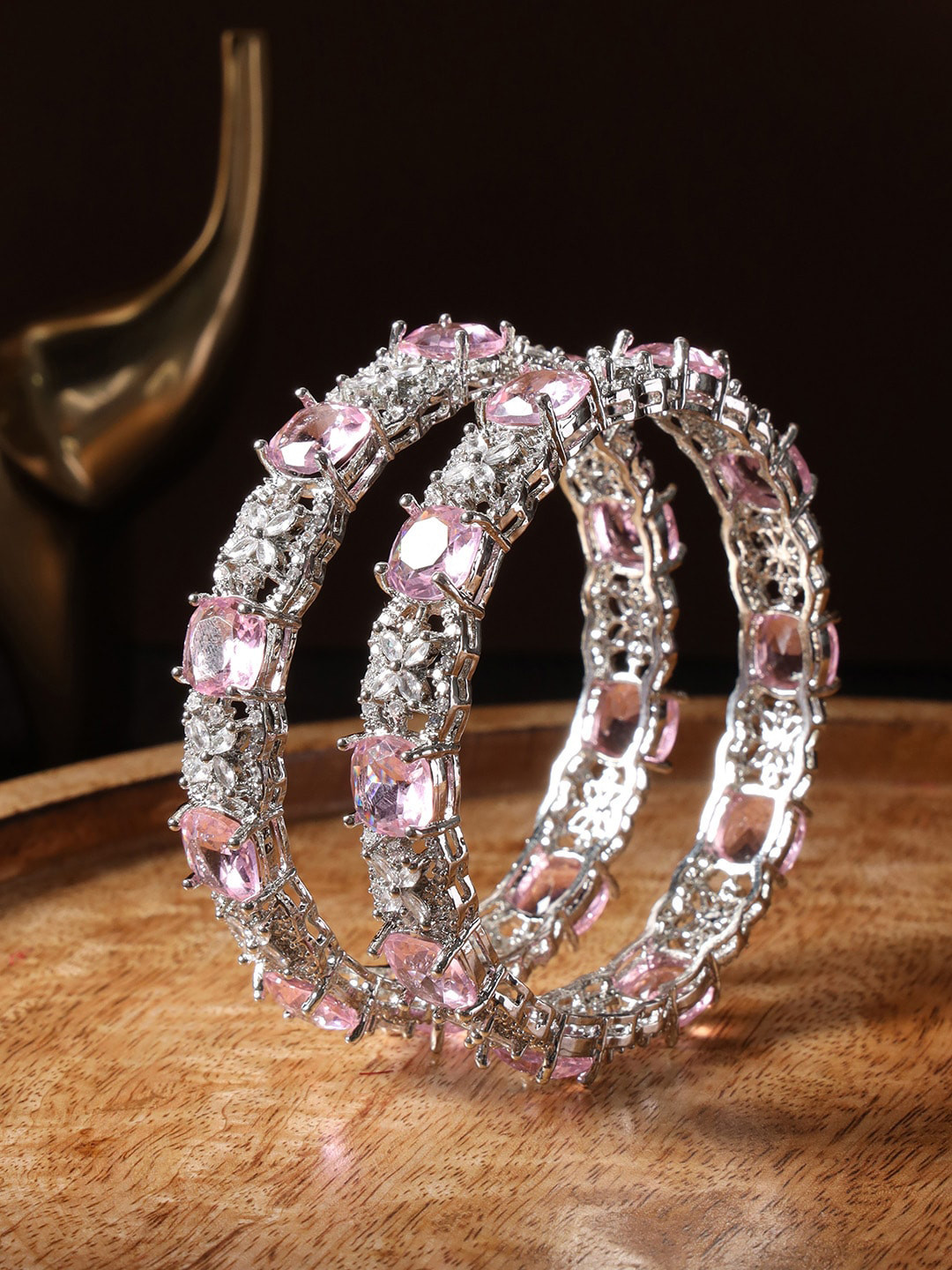 

justpeachy Set Of 2 Silver Plated AD Studded Bangles