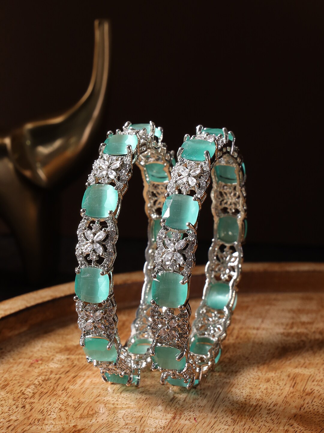 

justpeachy Set Of 2 Silver-Plated AD Studded Bangles
