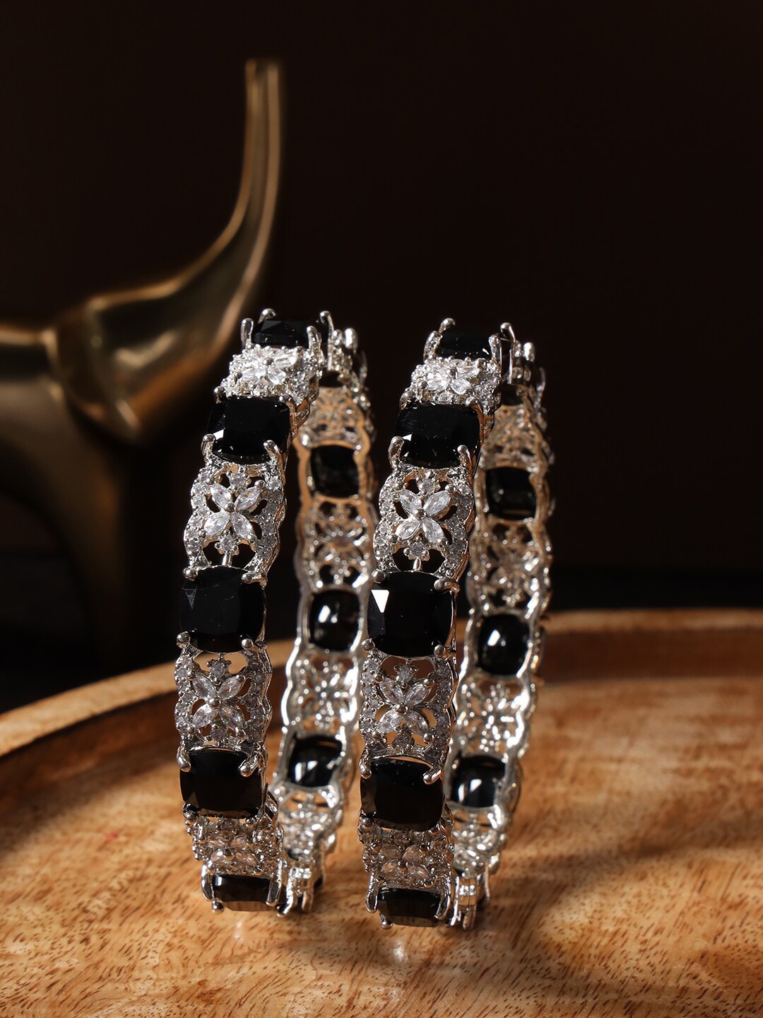 

justpeachy Set Of 2 Silver-Plated & AD-Studded Bangles