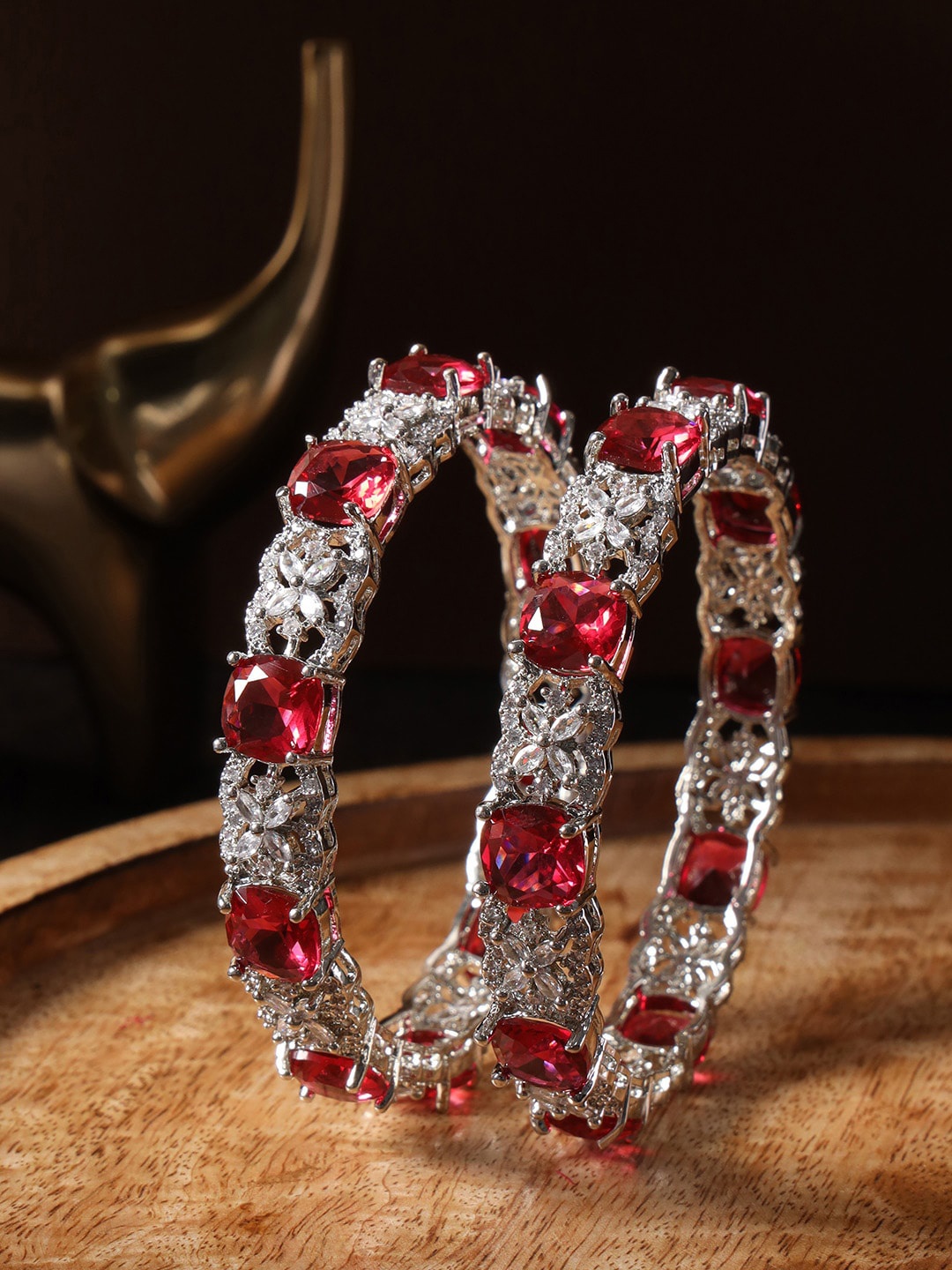

justpeachy Set Of 2 Silver Plated American Diamond Studded Bangles