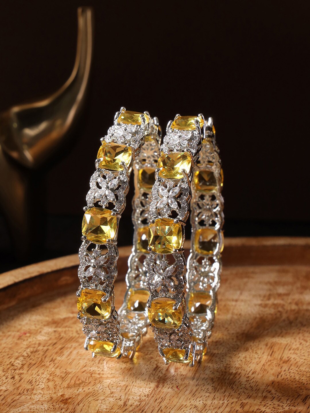 

justpeachy Set Of 2 Silver-Plated AD-Studded Bangles