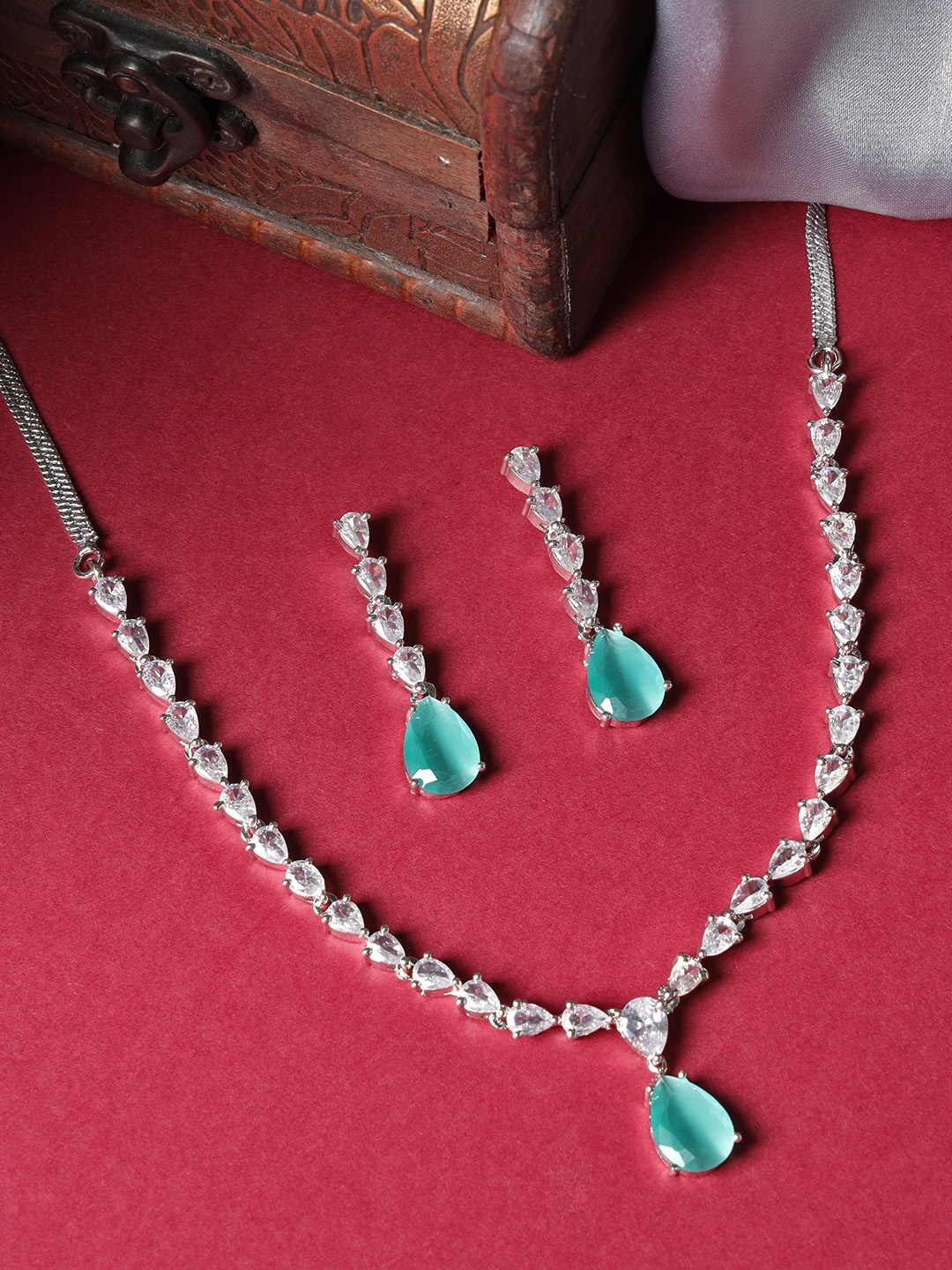 

justpeachy Silver-Plated American Diamond -Studded Jewellery Set