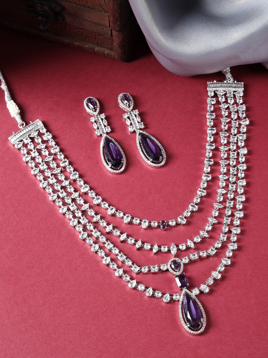 

justpeachy Silver-Plated American Diamond-Studded Jewellery Set