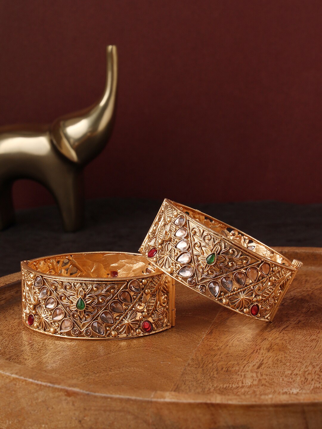 

justpeachy Set Of 2 Temple Gold-Plated Artificial Stones Studded Kada Bracelet