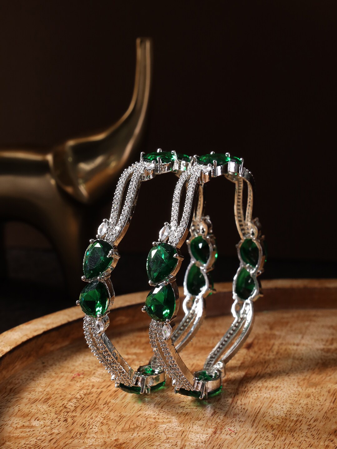 

justpeachy Set Of 2 Silver Plated AD Studded Bangles