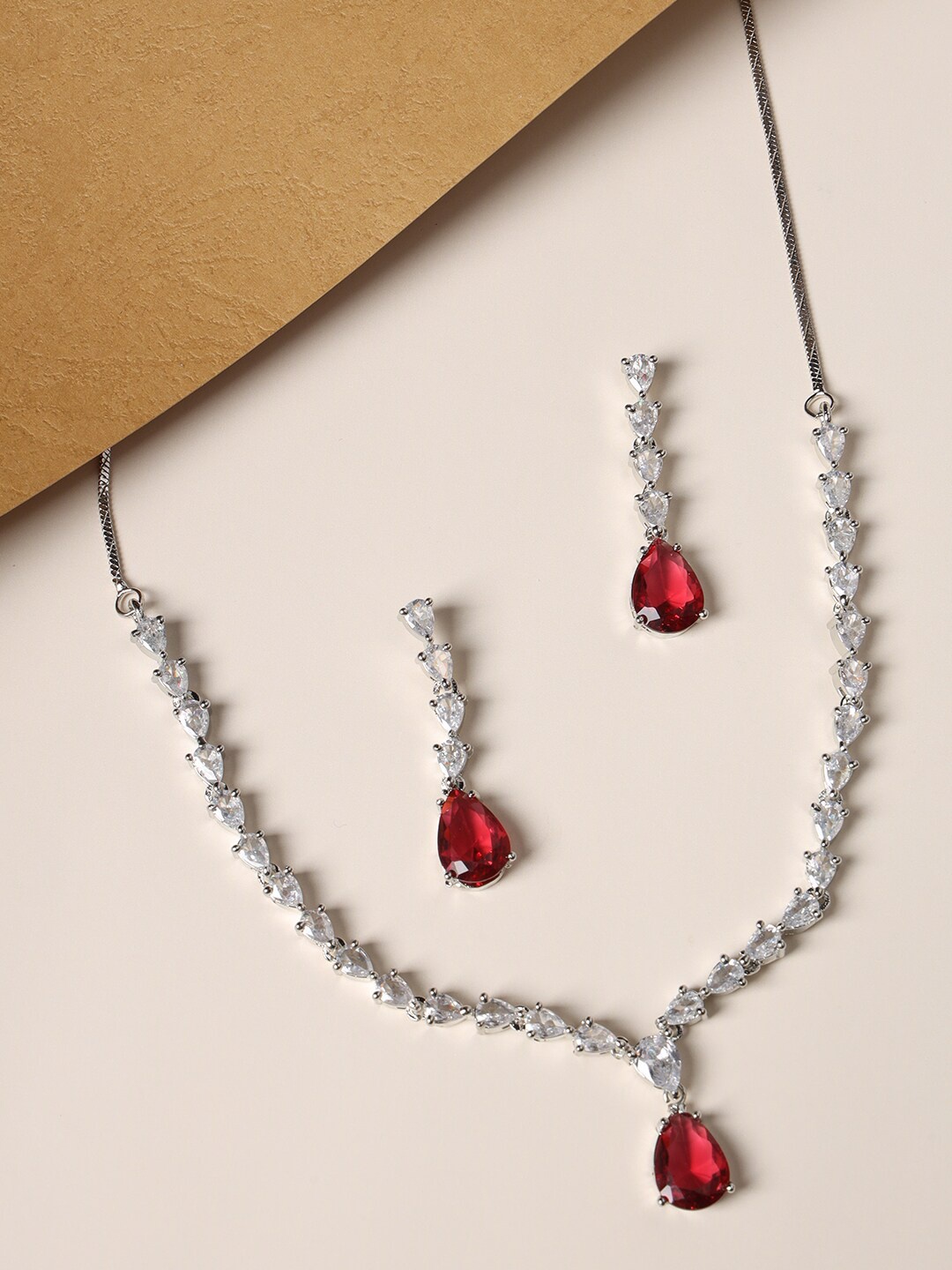 

justpeachy Silver-Plated American Diamond-Studded Jewellery Set