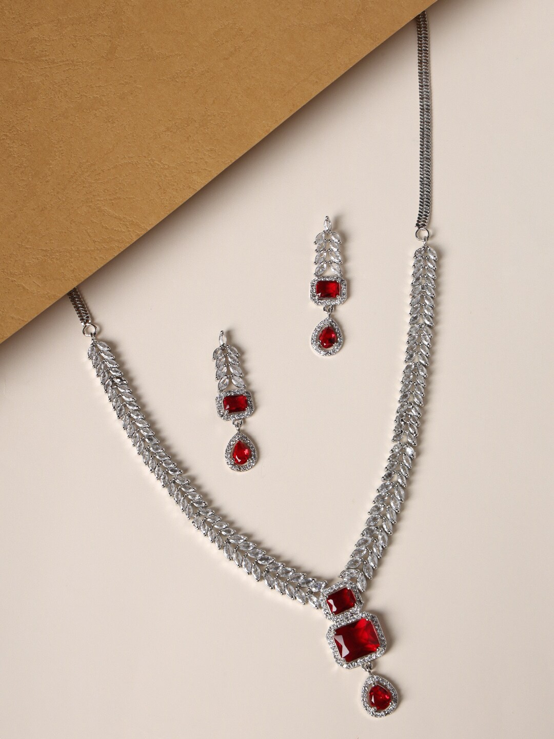 

justpeachy Silver-Plated American Diamond-Studded Jewellery Set