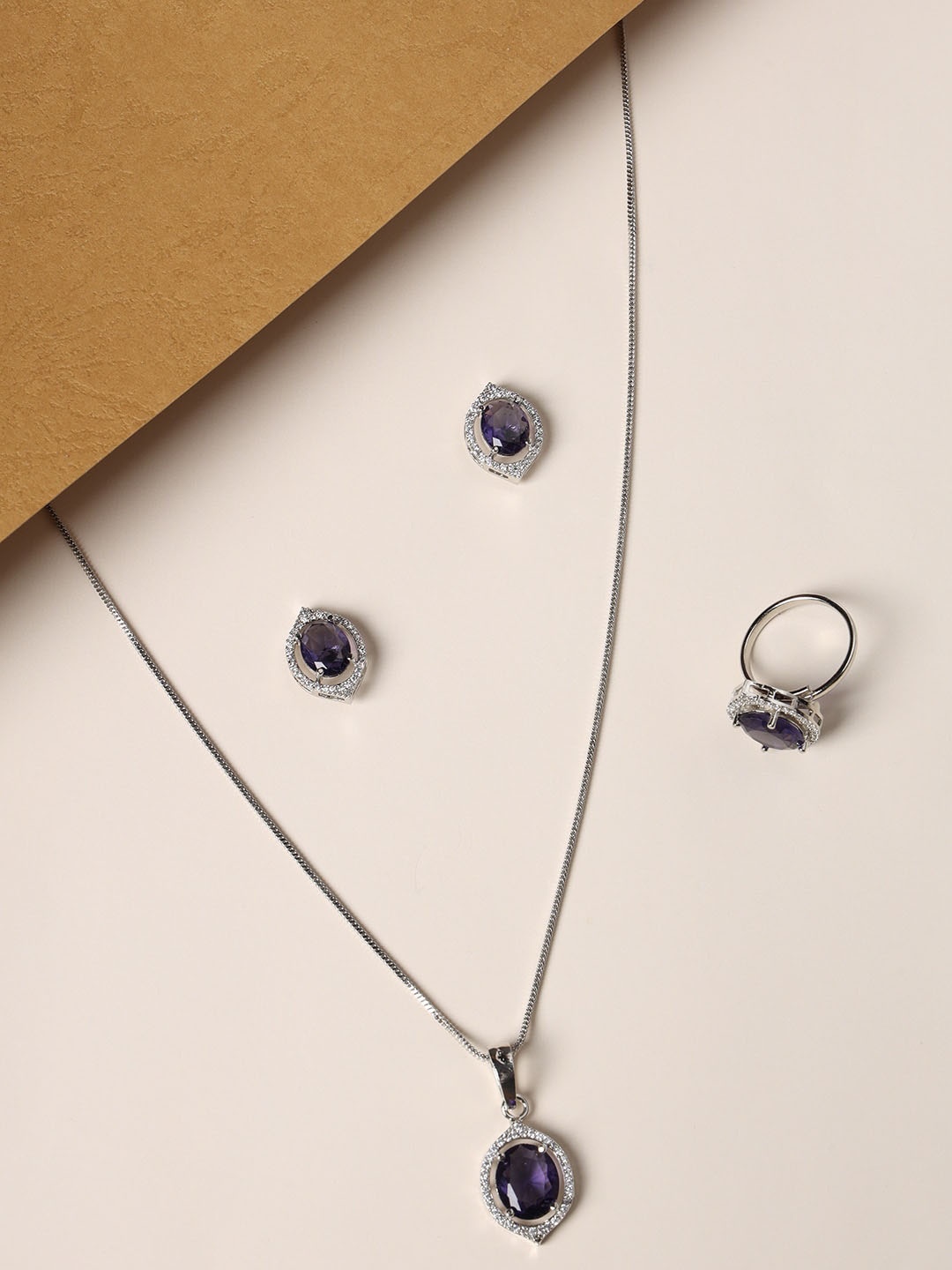 

justpeachy Silver-Plated American Diamond-Studded Jewellery Set