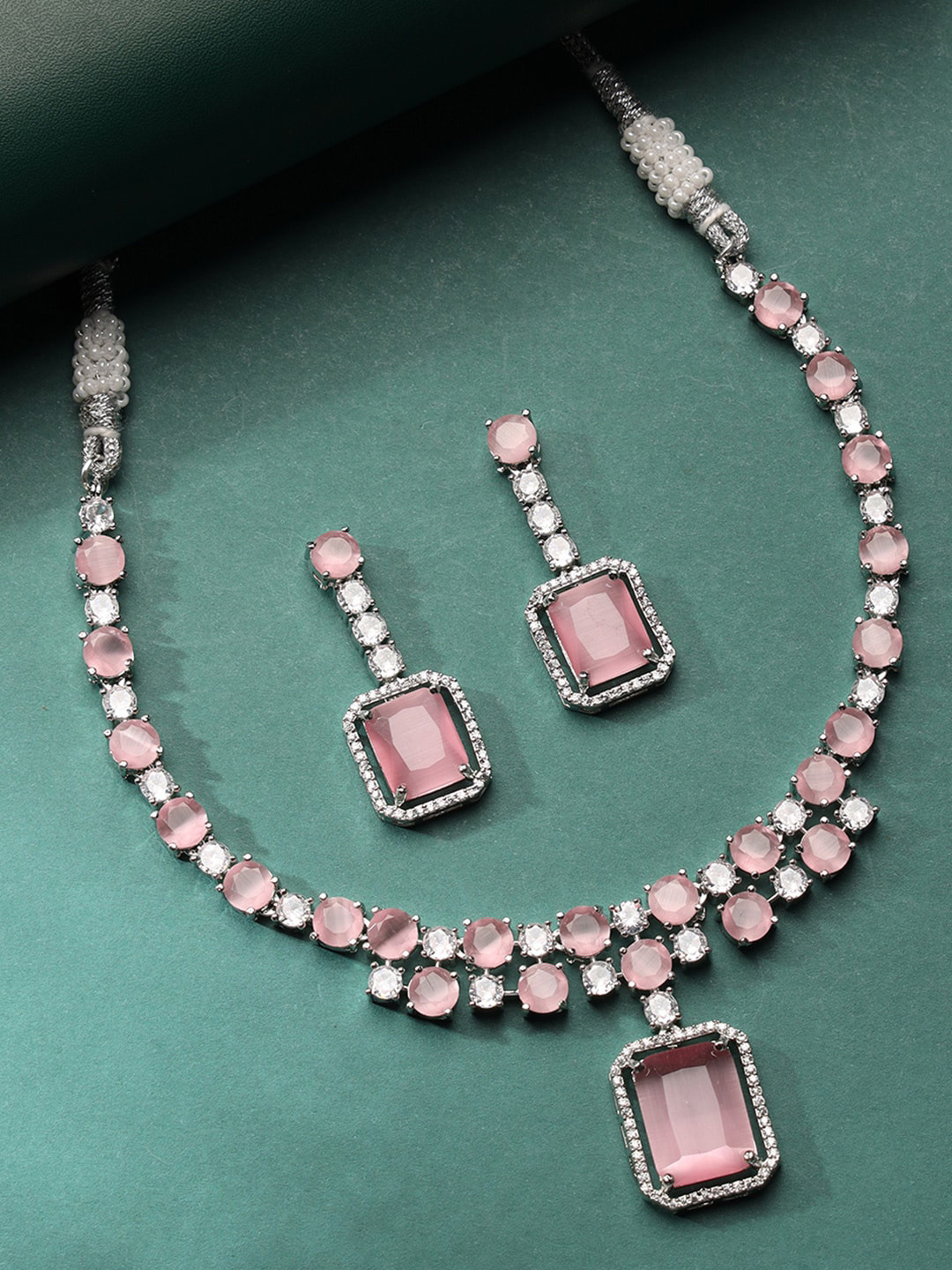 

justpeachy Silver-Plated American Diamond-Studded Jewellery Set