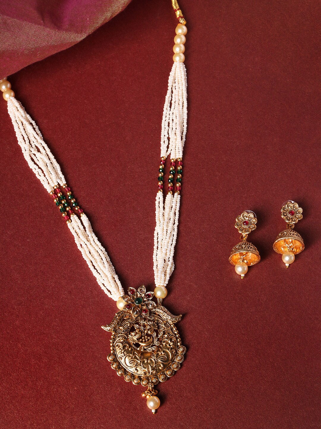 

justpeachy Gold-Plated Stones-Studded & Beaded Jewellery Set