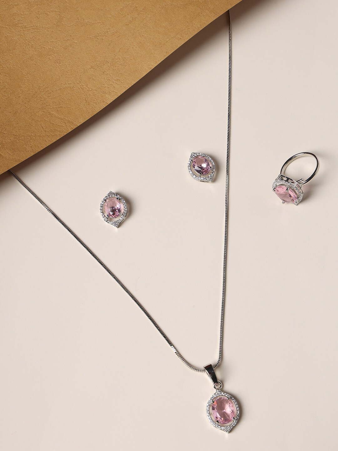 

justpeachy Silver-Plated American Diamond-Studded Jewellery Set