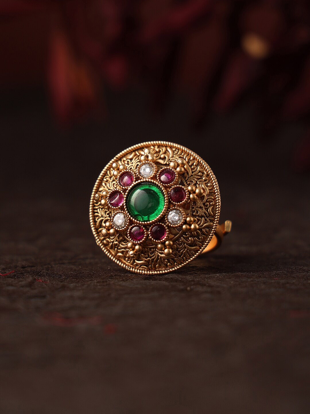 

justpeachy Gold-Plated Stone Studded Antique Adjustable Ring