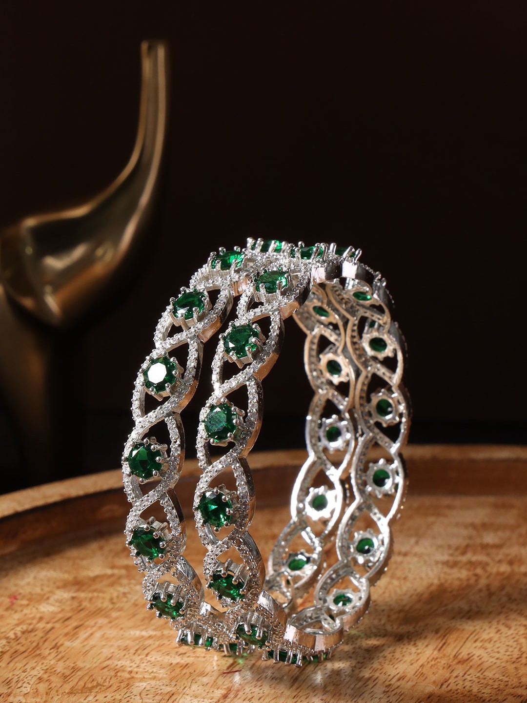 

justpeachy Set Of 2 Silver Plated AD Studded Bangles