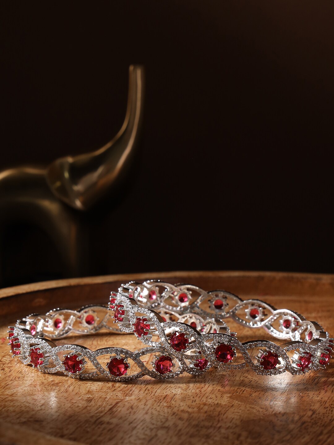 

justpeachy Set Of 2 Silver-Plated AD Studded Bangles