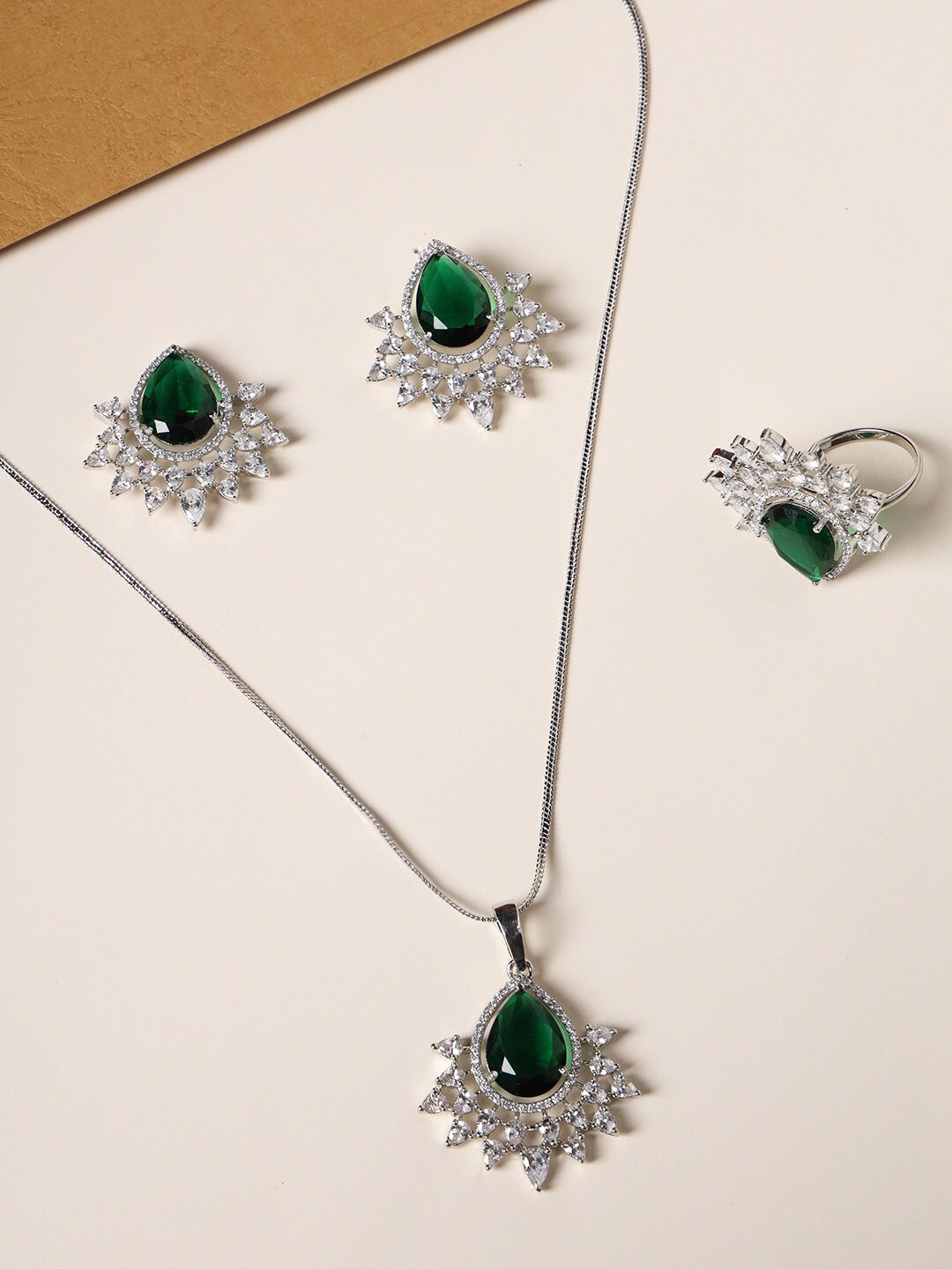 

justpeachy Silver-Plated American Diamond-Studded Jewellery Set