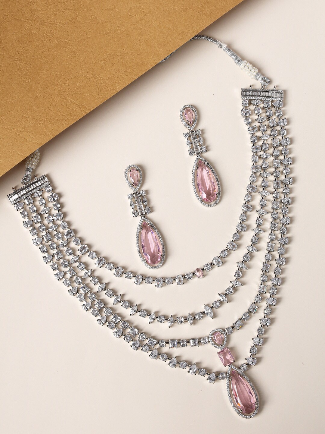 

justpeachy Silver-Plated American Diamond-Studded Jewellery Set