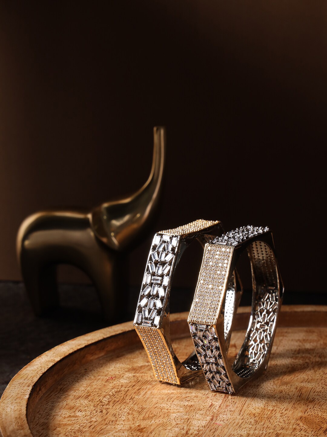 

justpeachy Set Of 2 Silver-Plated & AD-Studded Bangles