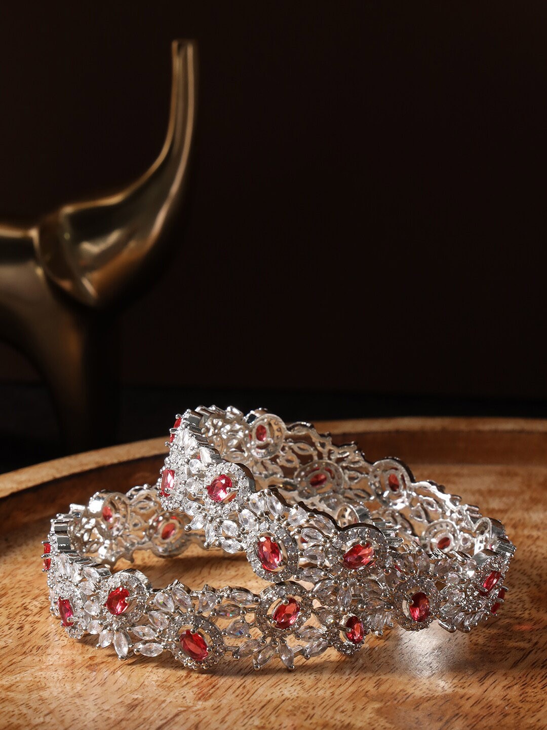 

justpeachy Set Of 2 Silver Plated & AD Studded Bangle, Red