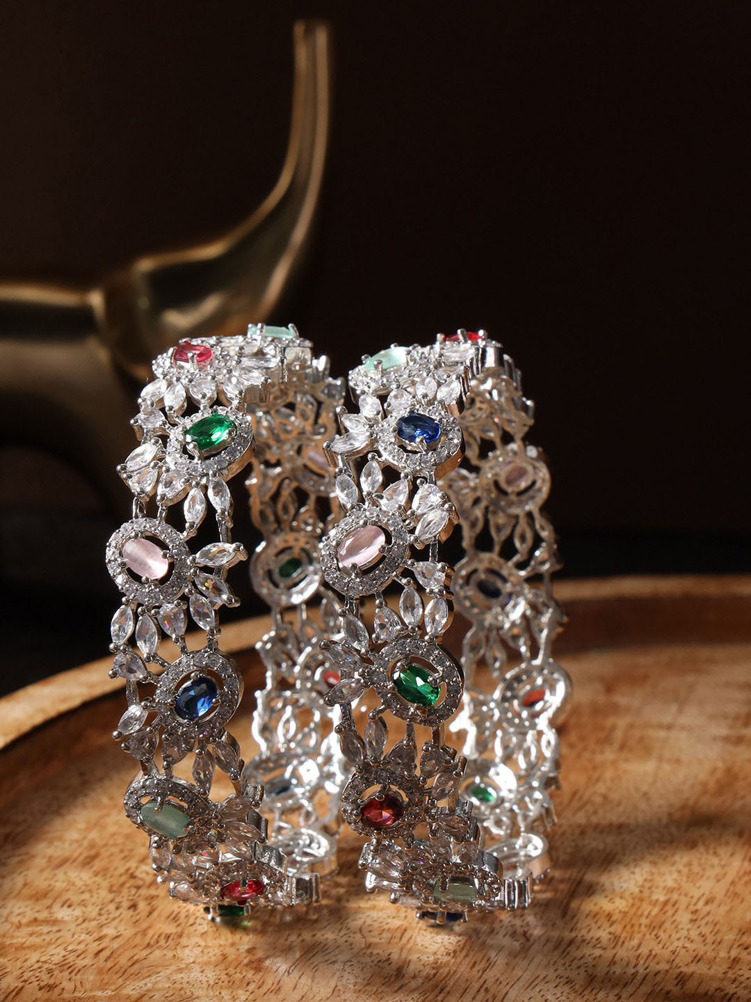 

justpeachy Set Of 2 Silver Plated AD Studded Bangles